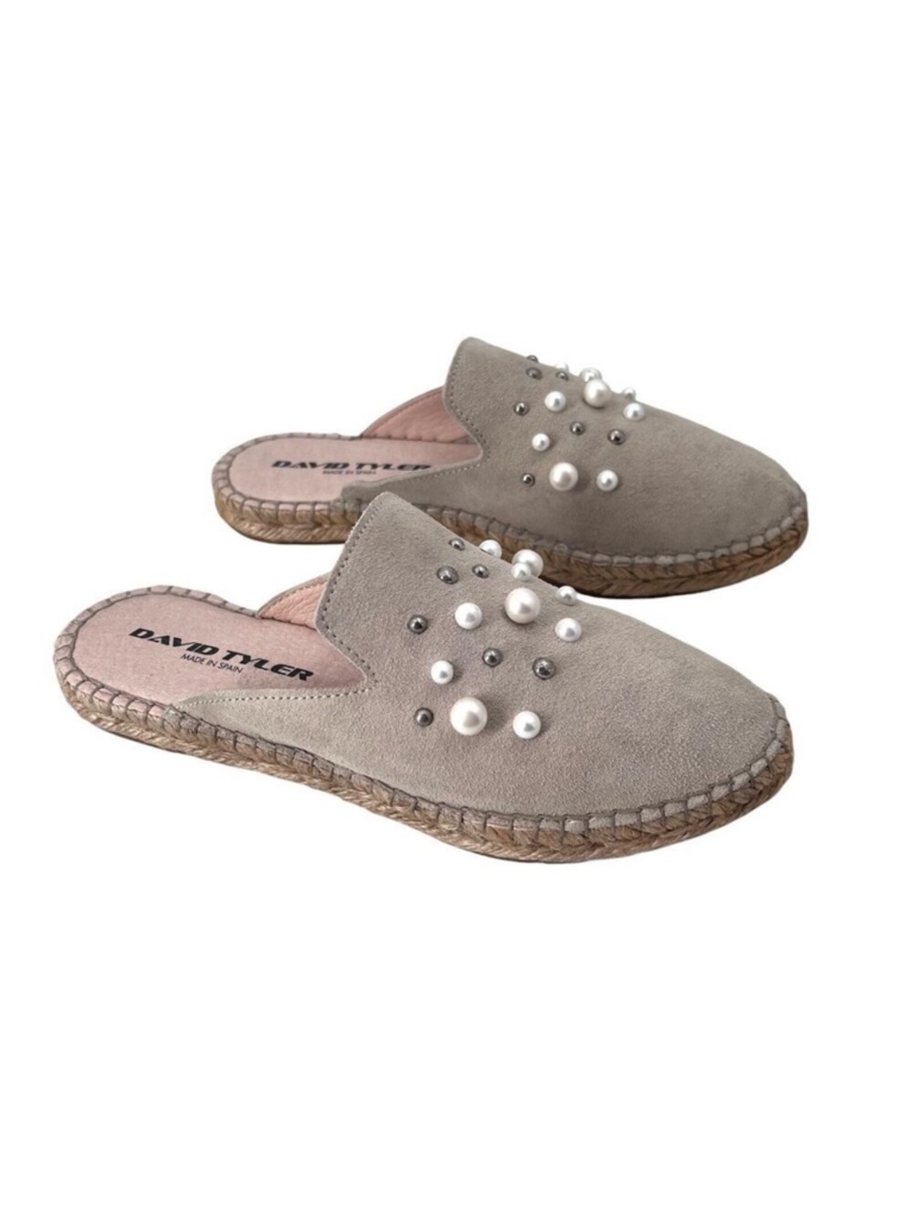 David Tyler Beige Suede Embellished Espadrille Slide Mule Sandals